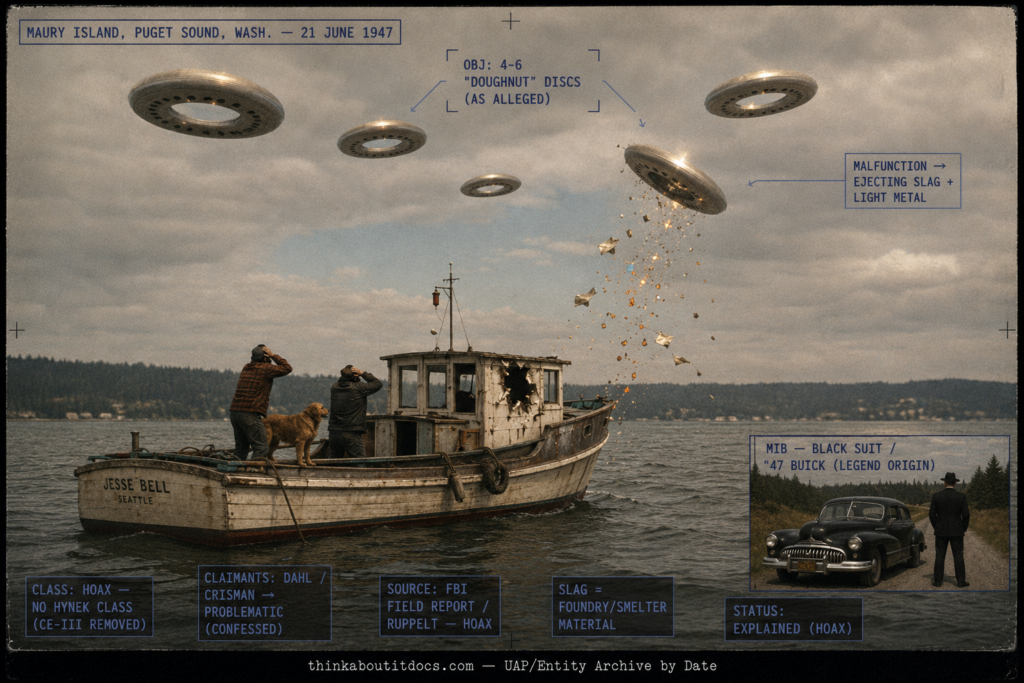 Single panel intelligence dossier image for the 1947 Maury Island incident rendered in muted early-postwar color film style showing a small weathered wooden log-salvage boat on gray-green Puget Sound near Maury Island Washington with figures shielding themselves and a dog on the damaged deck, while several dull pewter doughnut or torus-shaped craft hang overhead with muted blue sky visible through their central holes and dark portholes around the inner rings, one craft tilting and shedding fluttering pale metal sheets and dull orange-hot slag onto the boat, and an inset lower-corner vignette of a black 1947 Buick with a featureless man in a black suit beside it, with HUD overlays marking the four-to-six alleged doughnut discs, the malfunction ejecting slag and light metal, the man-in-black legend origin, the removal of the invalid CE-III classification, the confessed problematic claimants Dahl and Crisman, the FBI and Ruppelt hoax assessment, the foundry-slag identification, and the Explained hoax status, with a lower strip reading thinkaboutitdocs.com — UAP/Entity Archive by Date