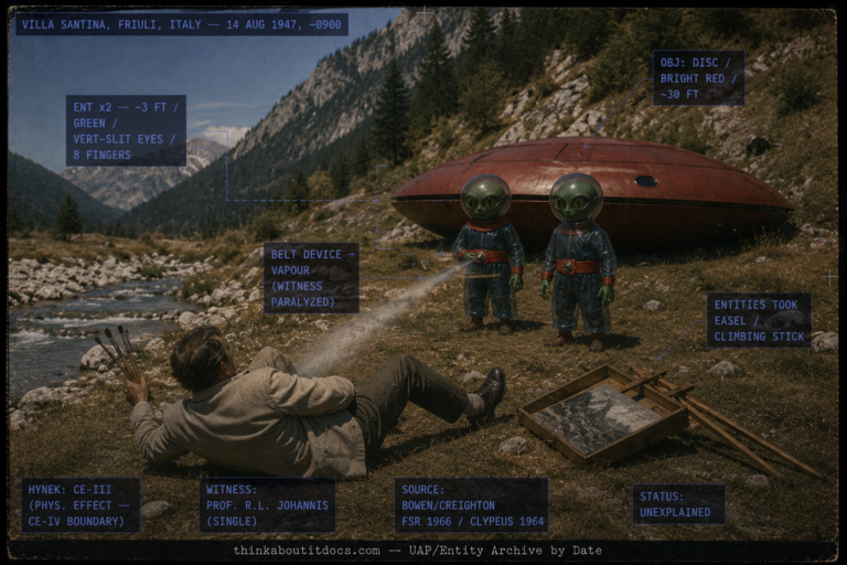 Single panel intelligence dossier image for the August 14 1947 Villa Santina Italy encounter rendered in muted early-postwar color showing a mountainous Friuli creek landscape with a roughly 30-foot bright brick-red disc-shaped craft resting against a hillside and two child-sized green-skinned humanoid beings about three feet tall in dark blue translucent coveralls with bright red belts collars and cuffs, oversized capped heads, immense vertical-slit-pupiled eyes and claw-like eight-fingered hands, one touching the center of its belt to project a thin pale jet of vapour toward a 1940s artist who has fallen backward dazed onto the grass with paintbrushes still in hand and an easel knocked over beside him, with HUD overlays marking the bright red 30-foot disc, the two green vertical-eyed eight-fingered entities, the belt vapour device that paralyzed the witness, the taking of the easel and climbing stick, the CE-III classification with a physiological-effect CE-IV boundary note, the single witness Professor R.L. Johannis, the Bowen Creighton FSR 1966 and Clypeus 1964 sources, and the Unexplained status, with a lower strip reading thinkaboutitdocs.com — UAP/Entity Archive by Date