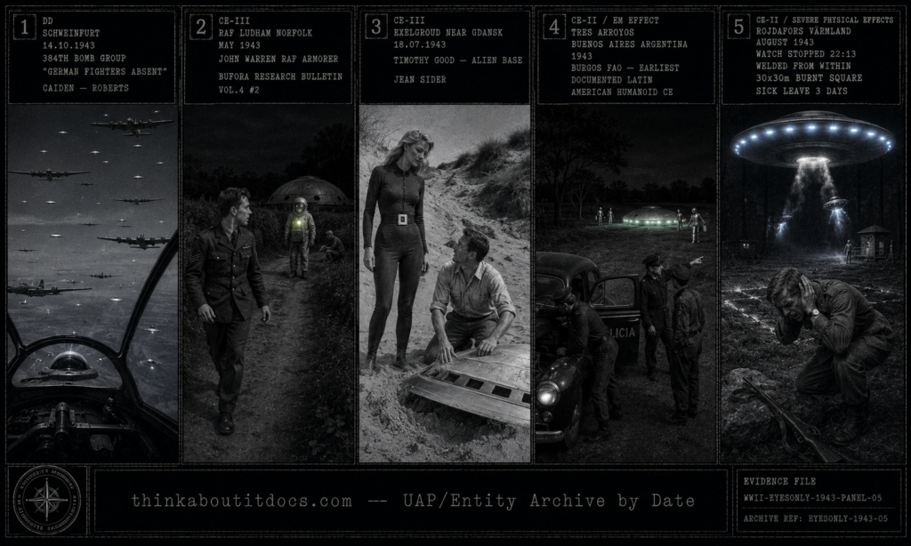 Five-panel 1943 WWII wartime press photography dossier: small silver Foo Fighter discs moving silently through the 384th Bomb Group B-17 formation over Schweinfurt with German fighters absent, RAF armorer John Warren on a dark Norfolk lane watching a round-faced grinning entity in a chest-box glowing green suit behind a hedgerow with a grey bell-tent craft and second sampling figure behind it, Daniel Leger kneeling in Polish sand dunes scooping sand from a buried disc as a very tall blond woman in a dark one-piece suit with square silver buckle watches, two Argentine police officers watching tall slow-moving metallic-suited figures carrying buckets around a luminous disc near Tres Arroyos as their car engine refuses to start, and Swedish border guard Arne Svensson doubled over in agony as a welding-flame-belted disc descends above him leaving him with a watch stopped at 22:13 welded from within and a 30x30 meter burnt square.