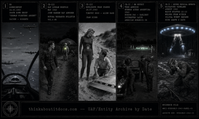 Five-panel 1943 WWII wartime press photography dossier: small silver Foo Fighter discs moving silently through the 384th Bomb Group B-17 formation over Schweinfurt with German fighters absent, RAF armorer John Warren on a dark Norfolk lane watching a round-faced grinning entity in a chest-box glowing green suit behind a hedgerow with a grey bell-tent craft and second sampling figure behind it, Daniel Leger kneeling in Polish sand dunes scooping sand from a buried disc as a very tall blond woman in a dark one-piece suit with square silver buckle watches, two Argentine police officers watching tall slow-moving metallic-suited figures carrying buckets around a luminous disc near Tres Arroyos as their car engine refuses to start, and Swedish border guard Arne Svensson doubled over in agony as a welding-flame-belted disc descends above him leaving him with a watch stopped at 22:13 welded from within and a 30x30 meter burnt square.
