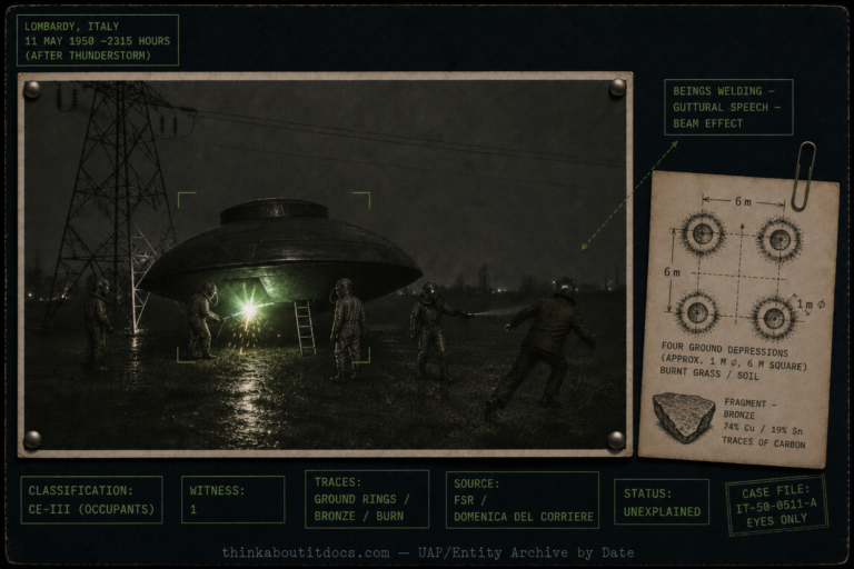 Intelligence-dossier evidence board for the April 1950 Bruno Facchini close encounter near Varese, Italy, showing a dark rain-wet Lombardy field at night with a high-voltage pylon and a large flattened-spherical craft resting beside it, a ladder beneath it and a greenish welding glow flaring as three or four heavily suited helmeted human-sized figures move slowly around the hull, one welding and throwing sparks, while the lone working-man witness stumbles away non-graphically with his face turned aside as a figure raises a hand-held tube toward him; a clipped inset diagram shows the four one-meter circular ground depressions in a six-meter square with burnt grass and a labeled bronze fragment, and restrained green tactical HUD overlays mark the case as Classification CE-III occupants, one witness, ground-ring bronze and burn traces, sourced to Flying Saucer Review and Domenica del Corriere, status Unexplained.