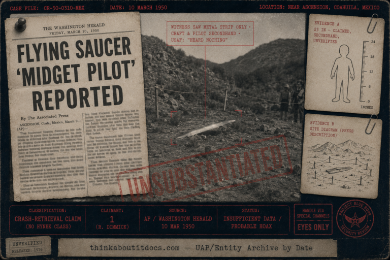 Skeptical intelligence-dossier evidence board for the March 1950 Mexico City "midget pilot" flying-saucer crash claim, showing a vintage 1950 newspaper-fragment motif headlined about a reported flying-saucer midget pilot with an AP dateline and illegible gray column type pinned to the board, beside a dim washed-out vague depiction of a roped-off rocky Mexican mountainside with only an indistinct metallic strip on the ground and no saucer or body shown; a small clipped evidence card carries a neutral diagrammatic human-outline silhouette and a scale ruler marked twenty-three inches, claimed, secondhand, unverified, kept strictly non-graphic, with a faint diagonal "unsubstantiated" watermark and restrained red tactical HUD overlays marking the case as a crash-retrieval claim with no Hynek class, one claimant Ray Dimmick who saw only a metal strip, sourced to the Associated Press and Washington Herald of March 10 1950, status Insufficient Data and probable hoax.