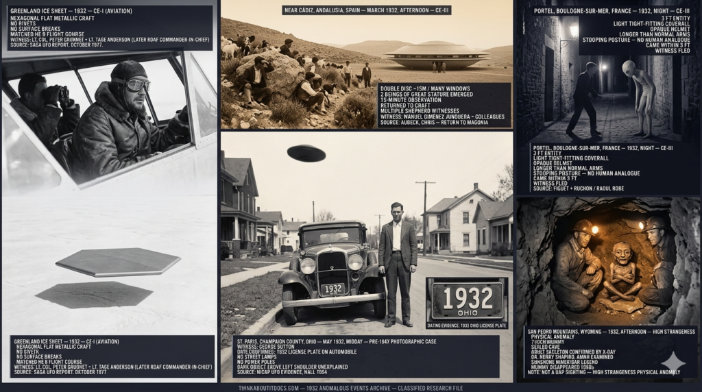 Five panel early 1930s silver gelatin halftone intelligence dossier collage for the 1932 UFO UAP sightings archive showing left Lt Col Peter Grunnet and Lt Tage Anderson turned in their Heinkel HE 8 seaplane cockpit watching a dull flat aluminum-grey hexagonal craft with no rivets track their exact flight course across the white Greenland glacier in 1932, upper center-left goat shepherd Manuel Jimenez Junquera and colleagues crouched on a rocky Andalusian hillside above Cadiz watching a 15-meter double-disc craft with many windows on the ground as two beings of great stature stand outside it for 15 minutes in March 1932, center George Sutton posed in front of a 1932-license-plated automobile on a St Paris Ohio street at midday with a dark structured object unexplained above his left shoulder with no street lamps or power poles in the NICAP-sourced photograph, upper center-right a young French witness recoiling in a narrow Boulogne-sur-Mer gas-lit alleyway as a three-foot entity in a tight coverall and opaque helmet with longer-than-normal arms stoops its head and shoulders forward within three feet of him, and right prospectors Cecil Main and Frank Carr crouching in a headlamp-lit sealed Wyoming cave watching the amber-lit tiny cross-legged 7-inch mummy with an old man's wrinkled face on a rock ledge