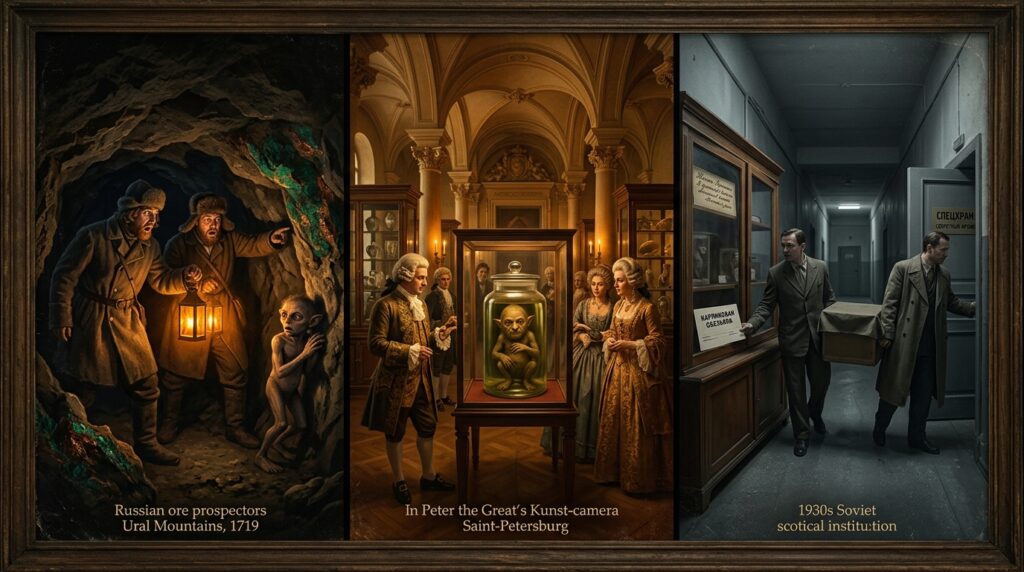 Three-panel triptych showing the 1719 Ural Russia gnome case: left panel shows ore prospectors discovering the gnome-like entity in a cave, center panel shows it displayed in Peter the Great's Kunst-camera in Saint Petersburg, right panel shows Soviet researchers reclassifying and removing it in 1936