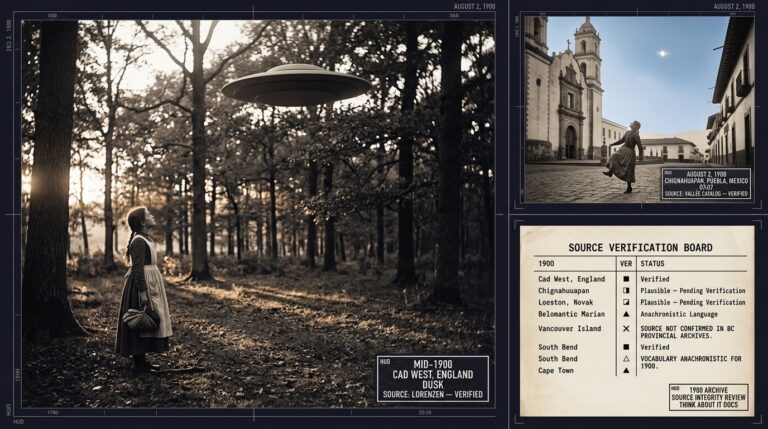 Three-panel turn-of-century intelligence dossier collage showing left a twelve-year-old English girl observing a twenty-foot disc above a forest canopy at dusk in Cad West England mid-1900 rendered in orthochromatic silver gelatin style, top right a lone figure in Chignahuapan Puebla Mexico watching a bright aerial object at 07:07 on August 2 1900, and bottom right a period typewriter-font source integrity assessment document showing the 1900 archive entries with verification status markers distinguishing confirmed from unverified entries