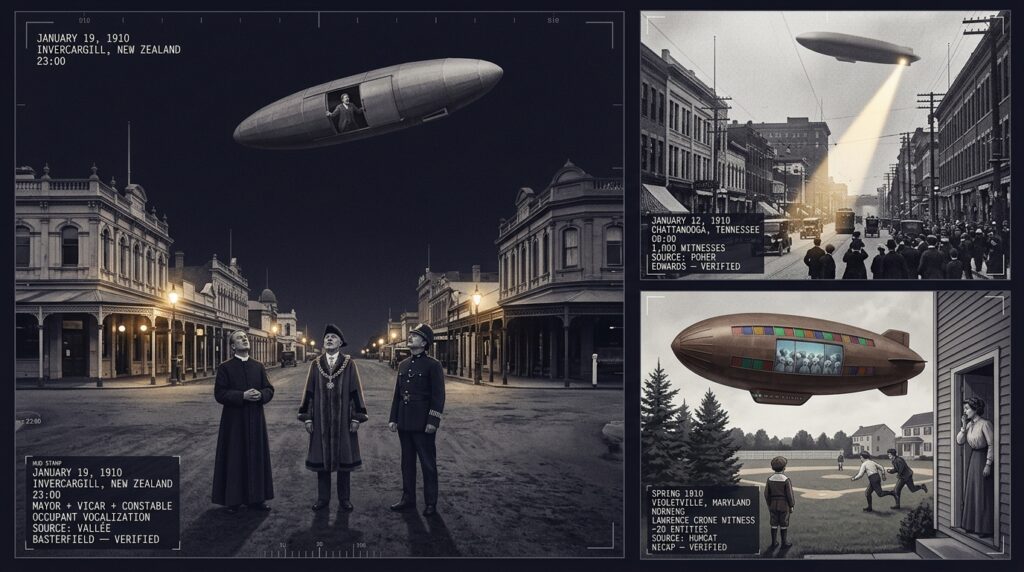 Three-panel 1910 Edwardian silver gelatin press style intelligence dossier collage showing left the Mayor of Invercargill New Zealand with a vicar and constable watching a cigar-shaped craft hovering at 30 meters with an occupant shouting in an unknown language at a lateral door on January 19 1910, top right one thousand Chattanooga Tennessee witnesses looking at a large cigar with brilliant spotlight on a city street on January 12 1910, and bottom right young Lawrence Crone watching a brown 100-foot metallic cigar with pigeon-headed grey-furred entities observing him from colored rectangular windows while his mother and two fleeing young men also witness the object in Violetville Maryland Spring 1910