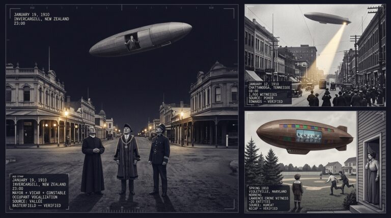 Three-panel 1910 Edwardian silver gelatin press style intelligence dossier collage showing left the Mayor of Invercargill New Zealand with a vicar and constable watching a cigar-shaped craft hovering at 30 meters with an occupant shouting in an unknown language at a lateral door on January 19 1910, top right one thousand Chattanooga Tennessee witnesses looking at a large cigar with brilliant spotlight on a city street on January 12 1910, and bottom right young Lawrence Crone watching a brown 100-foot metallic cigar with pigeon-headed grey-furred entities observing him from colored rectangular windows while his mother and two fleeing young men also witness the object in Violetville Maryland Spring 1910
