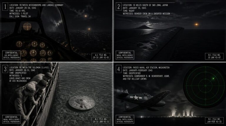 Four-panel dossier collage: Wissembourg-Landau Foofighter, Iwo Jima amber light, Solomon Islands submerged disc, Pasco NAS radar intercept, all January 1945