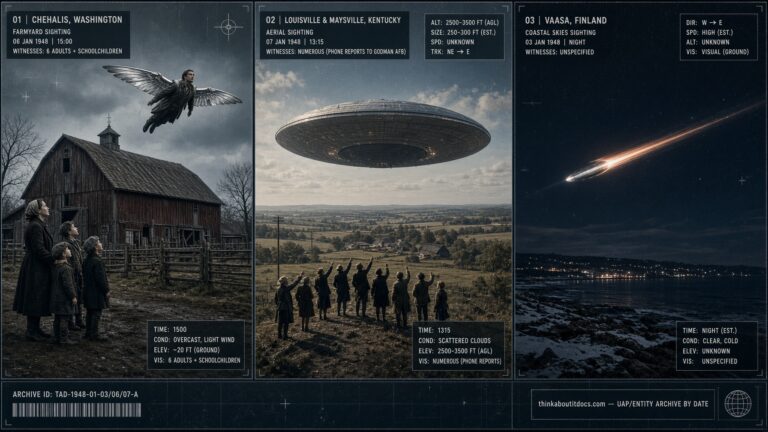 Three-panel dossier collage: the Chehalis Washington birdman, the Godman AFB Kentucky disc reports, and the Vaasa Finland disc sighting, all January 1948