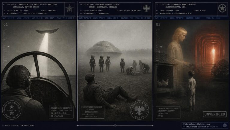 Three-panel dossier collage: the Kapustin Yar Soviet pilot electrical failure, the Hemer Germany shepherd entity encounter, and the unverified Taunton Massachusetts abduction account, June 1948