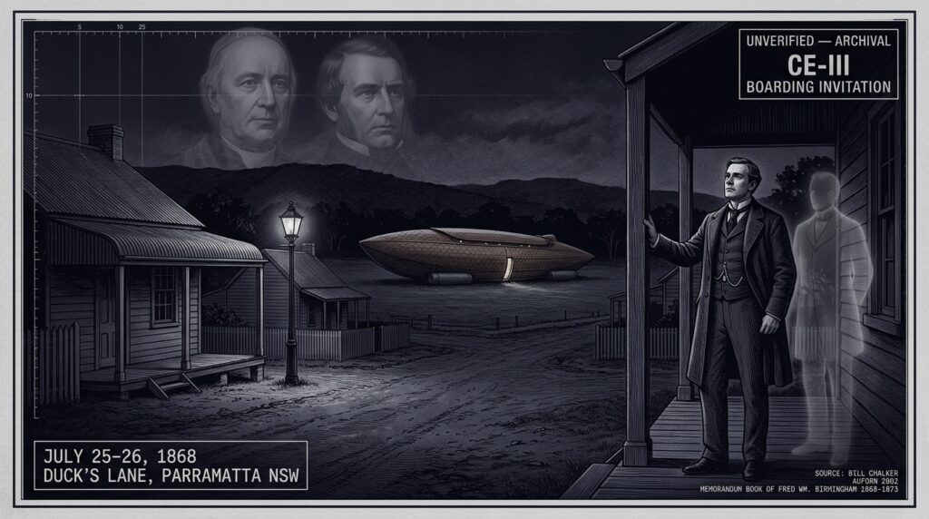 Single-panel intelligence archive illustration showing Victorian-era Parramatta surveyor Fred Birmingham standing on his cottage veranda in Duck's Lane New South Wales in winter 1868, with a semi-transparent humanoid spirit figure beside him and a large ark-shaped scale-textured aerial machine resting on Parramatta Park grass twenty yards distant, while fading apparitional faces of the Lord Bishop of Sydney and the Premier dissolve in the night sky above