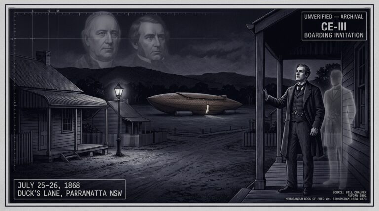 Single-panel intelligence archive illustration showing Victorian-era Parramatta surveyor Fred Birmingham standing on his cottage veranda in Duck's Lane New South Wales in winter 1868, with a semi-transparent humanoid spirit figure beside him and a large ark-shaped scale-textured aerial machine resting on Parramatta Park grass twenty yards distant, while fading apparitional faces of the Lord Bishop of Sydney and the Premier dissolve in the night sky above