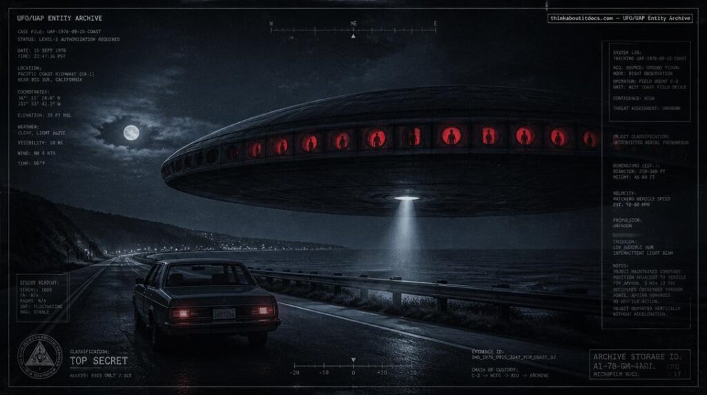 Illustration of the 1973 Nowra, NSW UFO encounter showing a large disc-shaped object with red-lit portholes and visible figures pacing a car at night
