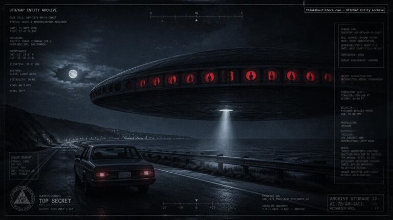 Illustration of the 1973 Nowra, NSW UFO encounter showing a large disc-shaped object with red-lit portholes and visible figures pacing a car at night