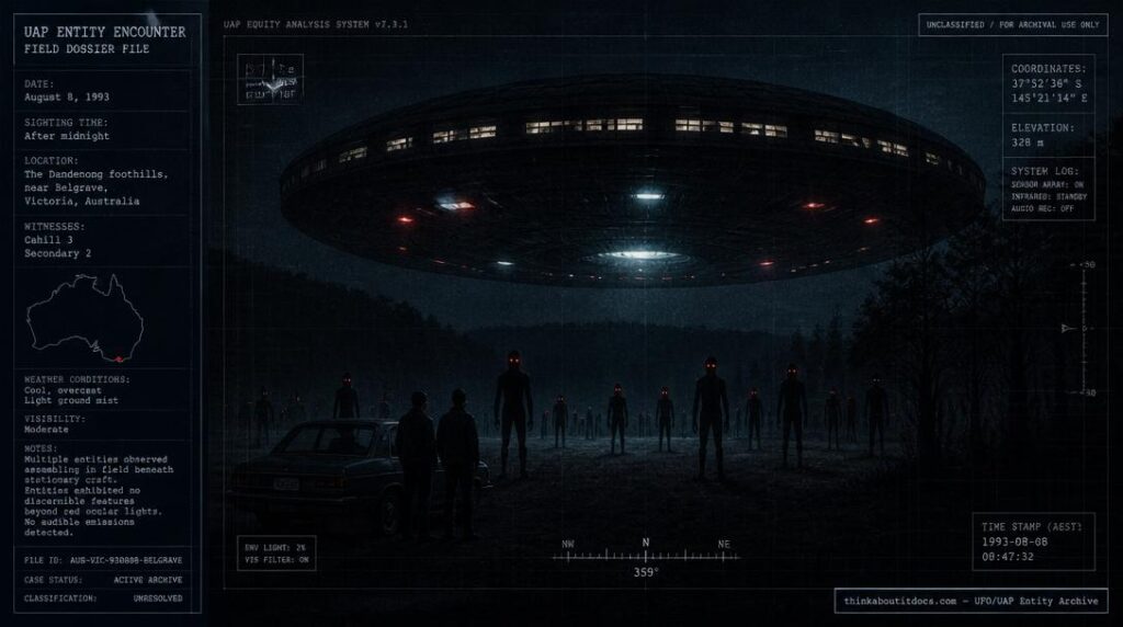 Illustration of the 1993 Kelly Cahill abduction case showing numerous tall black humanoid entities with glowing red eyes beneath a hovering craft near Belgrave, Victoria
