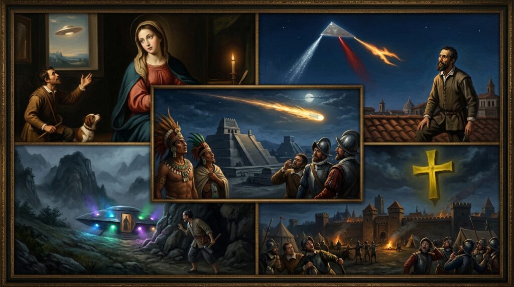 Collage of 1500-1549 CE Renaissance era UFO and UAP sightings including Madonna disc painting Florence, Michelangelo triangular light Rome, Aztec Tenochtitlan luminous trail, Chinese Cangshan abduction, and Utrecht yellow cross siege