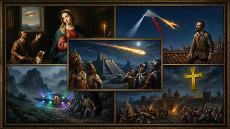 Collage of 1500-1549 CE Renaissance era UFO and UAP sightings including Madonna disc painting Florence, Michelangelo triangular light Rome, Aztec Tenochtitlan luminous trail, Chinese Cangshan abduction, and Utrecht yellow cross siege