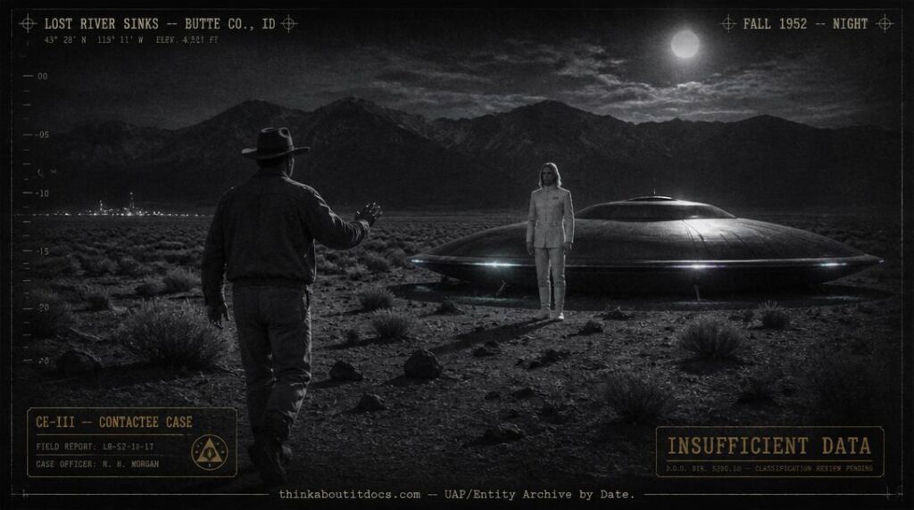 Dossier-style reconstruction of the fall 1952 Lost River Sinks contactee encounter showing rancher Paul Solem approaching a metallic disc-shaped craft resting on the volcanic desert floor near Howe Idaho at night under bright moonlight with a tall blond-haired humanoid figure in a white uniform standing beside the craft and the distant lights of the National Reactor Testing Station on the horizon