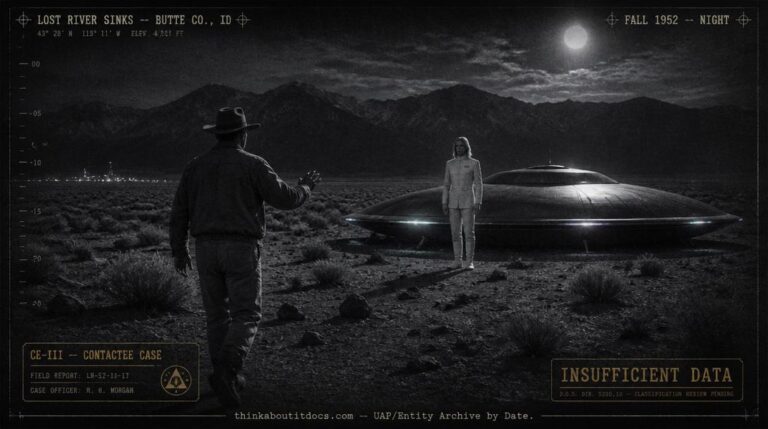 Dossier-style reconstruction of the fall 1952 Lost River Sinks contactee encounter showing rancher Paul Solem approaching a metallic disc-shaped craft resting on the volcanic desert floor near Howe Idaho at night under bright moonlight with a tall blond-haired humanoid figure in a white uniform standing beside the craft and the distant lights of the National Reactor Testing Station on the horizon