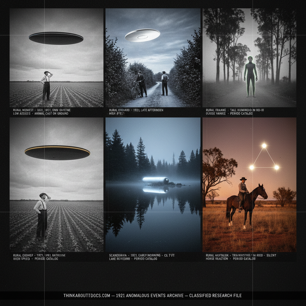 Five panel 1920s silver gelatin halftone intelligence dossier collage for the 1920 UFO UAP sightings archive showing left sixteen-year-old Albert Coe standing beside a silver-suited instrument-panel-wearing occupant near a 20-foot tripod-legged silver disc on the Mattawa River Ontario in the opening moment of the Coe contactee case, upper center-left approximately 200 Rushville Missouri witnesses filling the street as a dark cylinder at 75 feet altitude executes a sharp 90-degree turn in the evening sky overhead, center two hunters in a Gulf of Mexico duck blind at Galveston Texas watching four 30-foot silver discs in tight formation alternating orange and blue-green rim emissions at high speed, upper center-right a Colorado rancher in the Sangre de Cristo foothills watching multiple objects with electromagnetic effects that have extinguished his lantern and the ranch house lights, and right a coastal walker on the Dawlish Devon England cliff path watching a flat metallic disc catch the afternoon sun above the English Channel