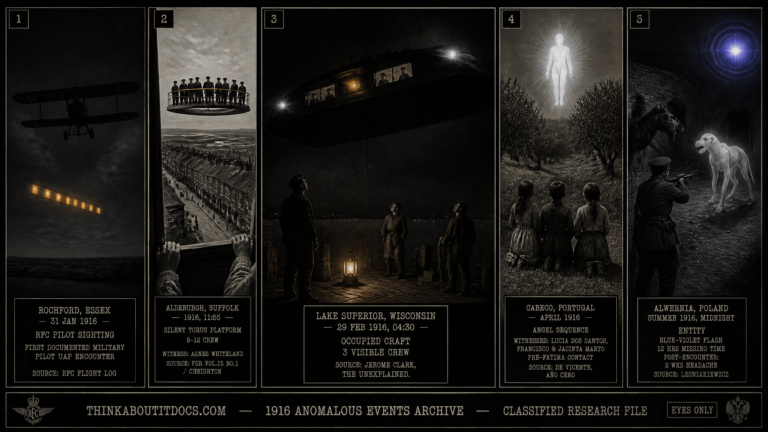 Five panel WWI era silver gelatin intelligence dossier collage for the 1916 UFO UAP sightings archive showing left a Royal Flying Corps biplane pilot watching a row of amber-lit rectangular windows ascending vertically in the night sky over Rochford Essex the first documented military pilot UFO sighting, upper center-left Agnes Whiteland's view from her Aldeburgh window of a silent torus-shaped platform carrying uniformed sailors gripping a brass handrail at rooftop height, center dock workers on a Lake Superior Wisconsin pier watching a large occupied dark airship with three lights and trailing cable pass overhead at 04:30, upper center-right three Portuguese children kneeling before a crystal-white luminous figure hovering above olive trees at Cabeco Portugal in the second pre-Fatima angel encounter, and right a Polish soldier aiming his rifle at a slow-moving white dog-like entity at midnight in Alwernia with a blue-violet flash expanding behind him as he loses consciousness