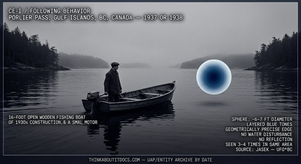 Silver gelatin halftone dossier illustration of the 1937 or 1938 Porlier Pass Vancouver Island CE-I showing a teenage fisherman in a 16-foot open boat standing at the tiller watching a geometrically precise whitish-blue sphere with clearly defined layered blue tones hovering 100 feet ahead over the dead calm grey water of the tidal channel between Galiano and Valdez Islands in coastal mist.