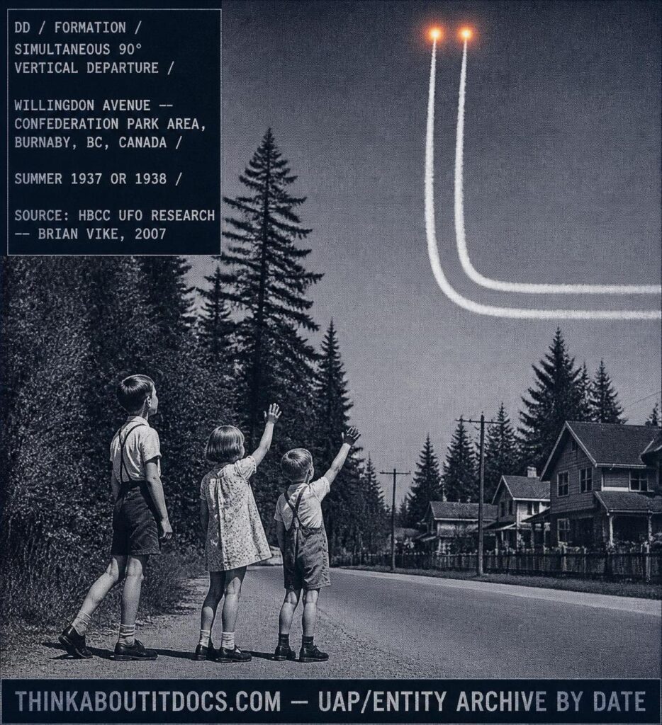Silver gelatin halftone dossier illustration of the 1937 or 1938 Confederation Park Burnaby British Columbia DD sighting showing three children standing at the edge of Willingdon Avenue looking upward as two round orange-amber balls of fire at the heads of two perfectly parallel smoke trails simultaneously pivot to a 90-degree vertical climb and roar upward into a completely clear blue sky leaving curved smoke trails behind them.