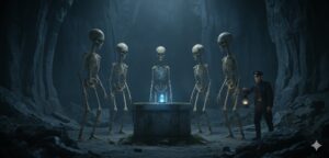 Artist's recreation of the 1938 Stewart, British Columbia discovery, showing five alien skeletons with extended craniums facing a stone altar inside a smooth-walled vertical cave.
