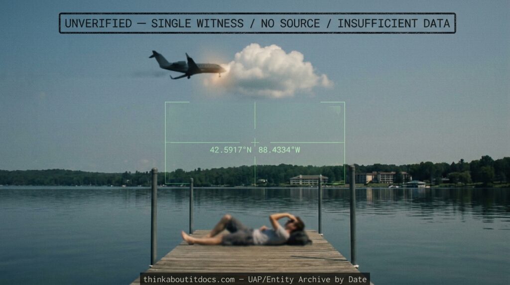 Dossier-style reconstruction of a small twin-engine jet entering a cloud over Lake Geneva Wisconsin on a clear summer afternoon 2002 as a lone observer watches from a private pier below