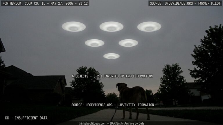 Dossier-style reconstruction of the May 2006 Northbrook Illinois DD sighting showing six dull white translucent discs in a precise inverted-triangle 3-2-1 formation against a dark gray overcast sky above suburban rooftops with a leashed dog in the foreground