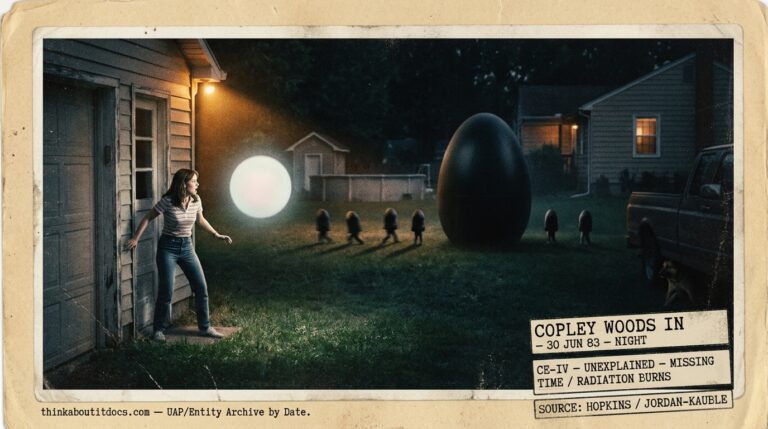 Dossier-style reconstruction of the June 1983 Copley Woods CE-IV showing a woman frozen outside a garage doorway facing a hovering ball of white light while six small bullet-shaped entities line up near an egg-shaped object in a dark suburban Indiana backyard