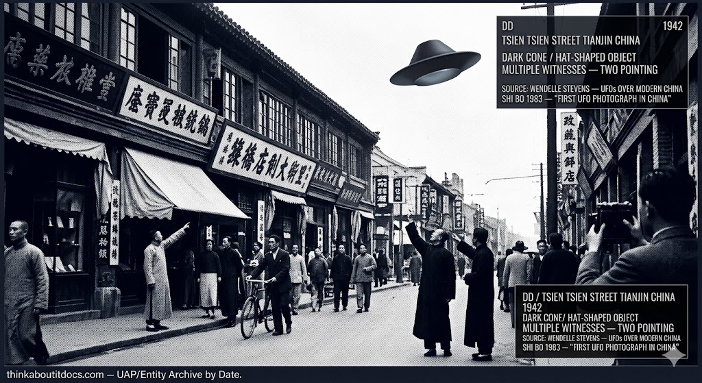 Silver gelatin halftone dossier illustration of the 1942 Tianjin China UFO street photograph showing a busy commercial street lined with Chinese shopfronts and mixed civilian pedestrians in 1940s dress as a dark clearly defined hat or cone-shaped object flies silently above the roofline while several pedestrians have stopped and two are pointing directly at it and a street photographer in the foreground raises a folding camera toward the object.
