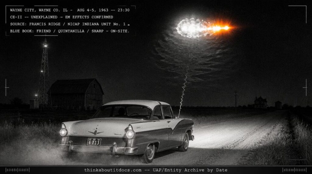 Dossier-style reconstruction of the August 1963 Wayne City Illinois CE-II showing a 1956 Ford Victoria on a rural gravel road at night with a brilliant orange-white luminous object hovering 100 feet overhead producing electromagnetic interference with a relay tower and barn visible on the flat Illinois prairie horizon