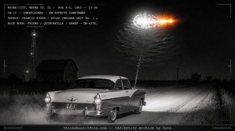 Dossier-style reconstruction of the August 1963 Wayne City Illinois CE-II showing a 1956 Ford Victoria on a rural gravel road at night with a brilliant orange-white luminous object hovering 100 feet overhead producing electromagnetic interference with a relay tower and barn visible on the flat Illinois prairie horizon