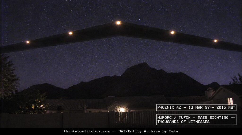 Dossier-style reconstruction of the March 13 1997 Phoenix Lights showing an enormous V-shaped formation of amber lights stretching across the night sky over Camelback Mountain and Phoenix rooftops