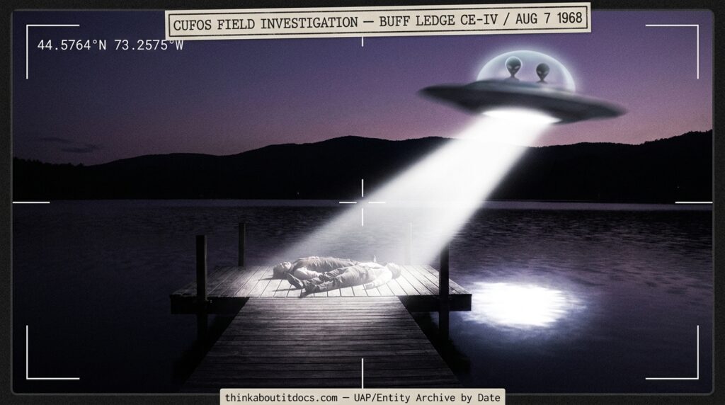 Dossier-style reconstruction of the 1968 Buff Ledge abduction showing a disc-shaped craft with transparent dome projecting a beam of light onto two teenagers lying on a Lake Champlain dock at dusk with the Green Mountains in the background
