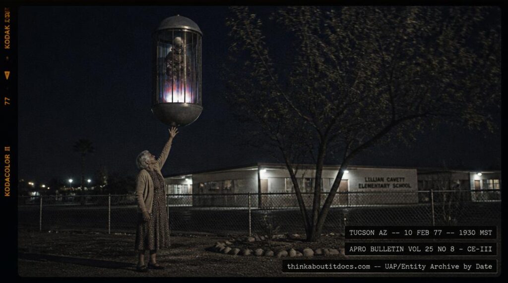 Dossier-style reconstruction of the February 10 1977 Tucson occupant case showing a small transparent capsule with a gray-suited humanoid and flame light hovering above a residential yard as an elderly woman reaches toward its underside