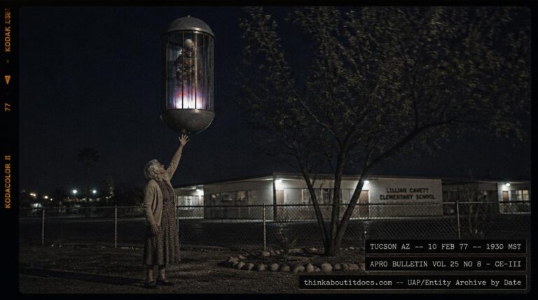 Dossier-style reconstruction of the February 10 1977 Tucson occupant case showing a small transparent capsule with a gray-suited humanoid and flame light hovering above a residential yard as an elderly woman reaches toward its underside
