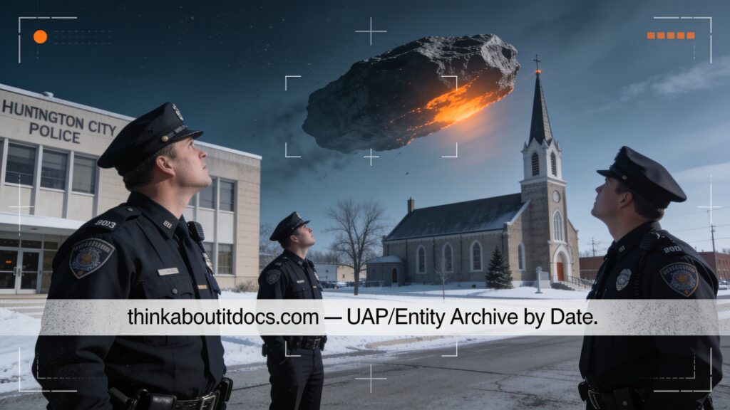 Dossier-style illustration of the 2003 Huntington, Indiana sighting showing three police officers watching a large tumbling object catch sunlight near a church steeple