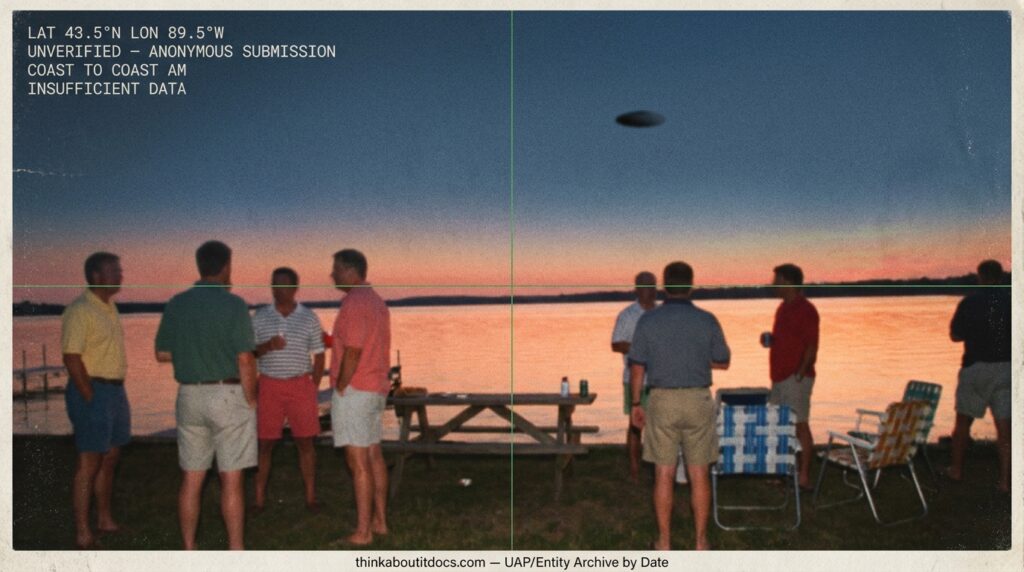 Dossier-style reconstruction of a dusk scene at an unspecified Wisconsin lake with a family reunion gathering in the foreground and an oval-shaped object visible in the sky above unnoticed by those present June 2004
