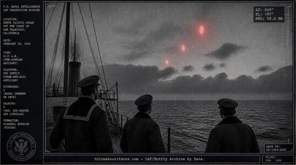Dossier-style illustration of the 1904 USS Supply sighting showing three naval crewmen watching three red objects in echelon formation climb from the horizon
