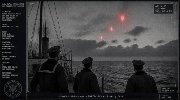 Dossier-style illustration of the 1904 USS Supply sighting showing three naval crewmen watching three red objects in echelon formation climb from the horizon