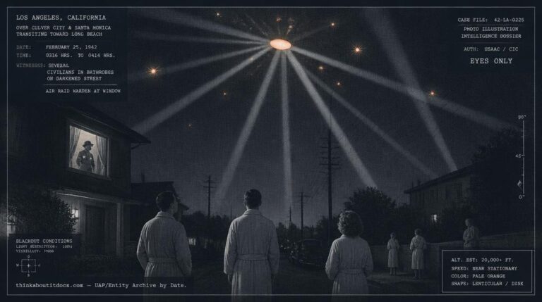 Dossier-style illustration of the 1942 Battle of Los Angeles showing a large pale-orange object held in converging searchlight beams above a blacked-out city street with anti-aircraft bursts nearby