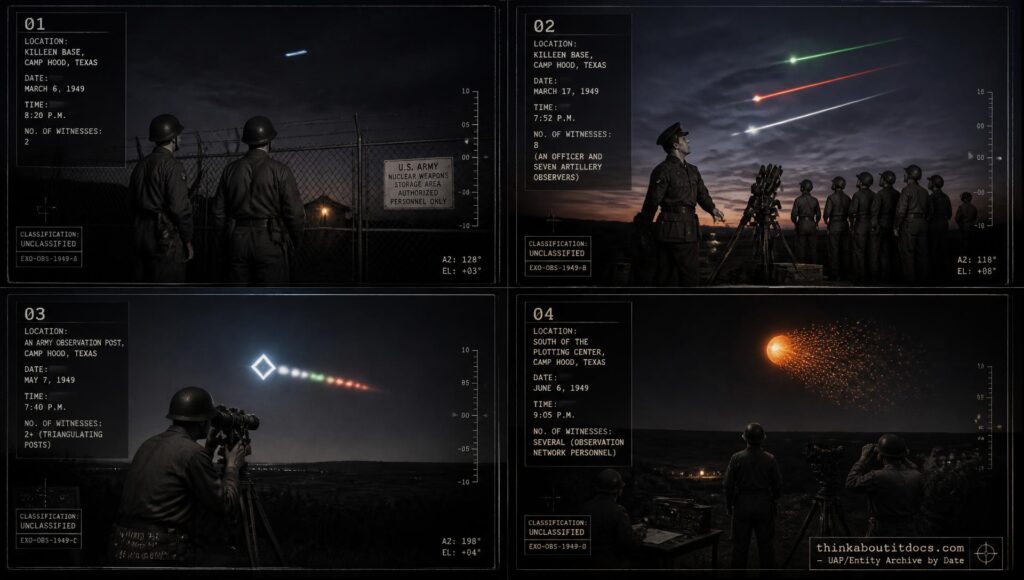 Four-panel dossier collage of the 1949 Fort Hood, Texas UFO wave, from the first patrol sighting to the June object explosion