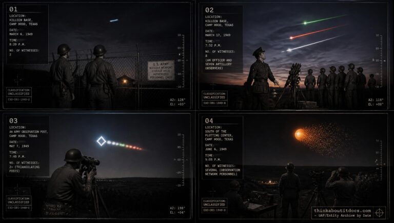 Four-panel dossier collage of the 1949 Fort Hood, Texas UFO wave, from the first patrol sighting to the June object explosion