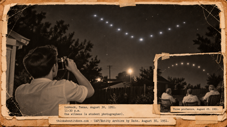 Vintage 1951 press photo style image of a young man photographing a V-shaped formation of lights over a Lubbock, Texas backyard while three professors watch from lawn chairs