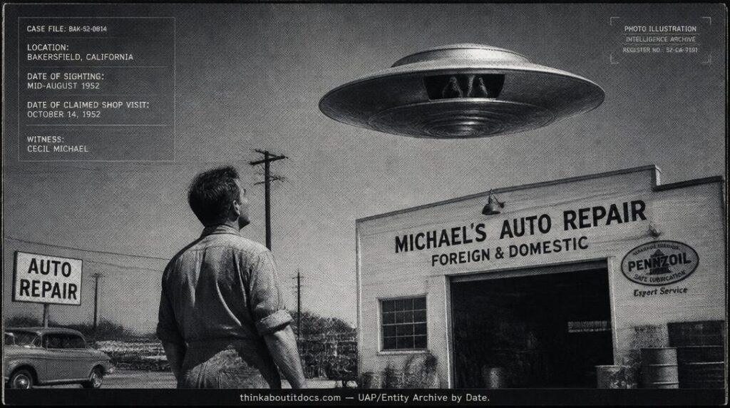 Dossier-style illustration of the 1952 Bakersfield, California sighting showing a witness observing a metallic disc with two hooded figures visible through an opening
