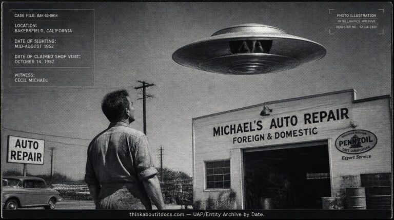 Dossier-style illustration of the 1952 Bakersfield, California sighting showing a witness observing a metallic disc with two hooded figures visible through an opening