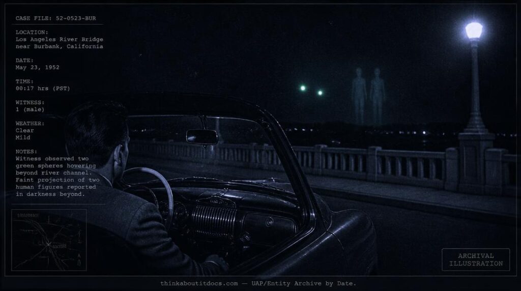 Dossier-style illustration of the 1952 Orfeo Angelucci contact showing a man in his car at night watching two glowing green spheres and faint translucent figures on a bridge over the Los Angeles River