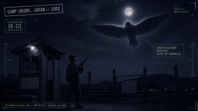 Illustration of an ambiguous large winged silhouette, readable as either a bird or humanoid figure, reported hovering over a sentry at Camp Okubo, Japan in 1952